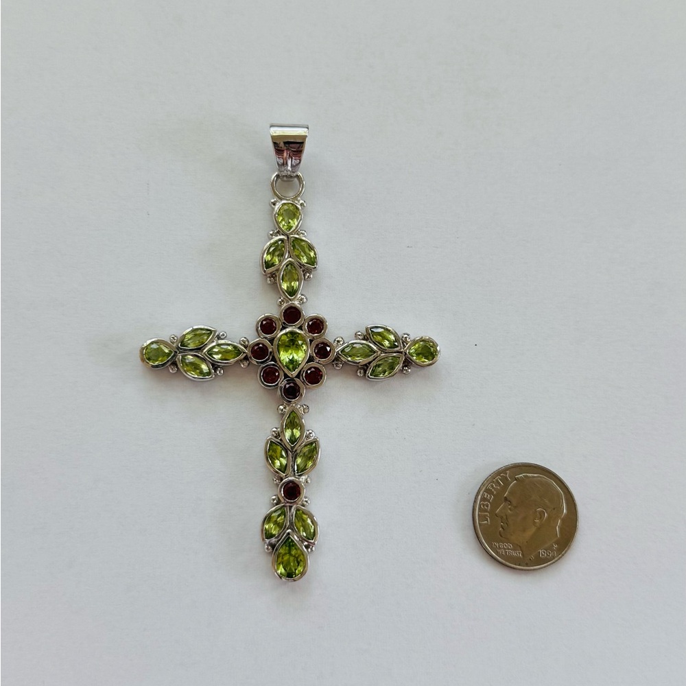 Stunning Sterling Silver Peridot and Garnet Gemstone Cross Pendant